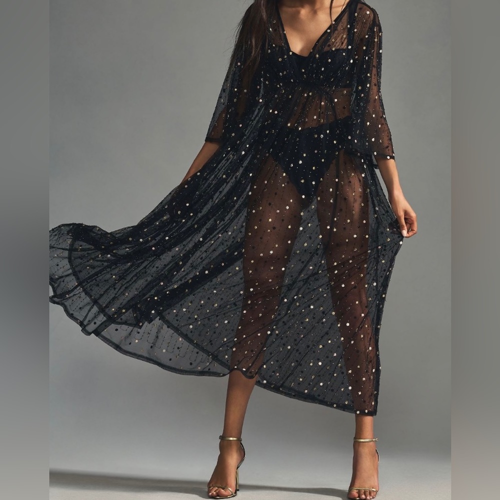 Anthropologie Black Sheer beaded Kaftan